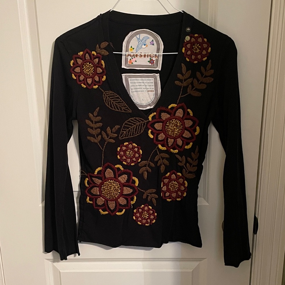 Johnny Was Black Long Sleeve Tee with Burgundy, Gold & Brown Floral Embroidery
